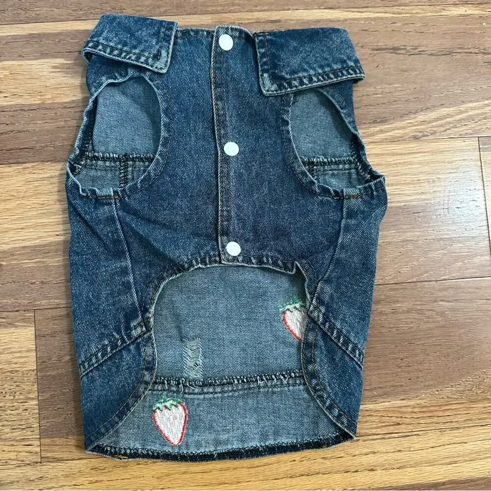 Dog Denim Jacket, Embroidered Strawberries,‎ Distressing, Pet, Snap Buttons, XL